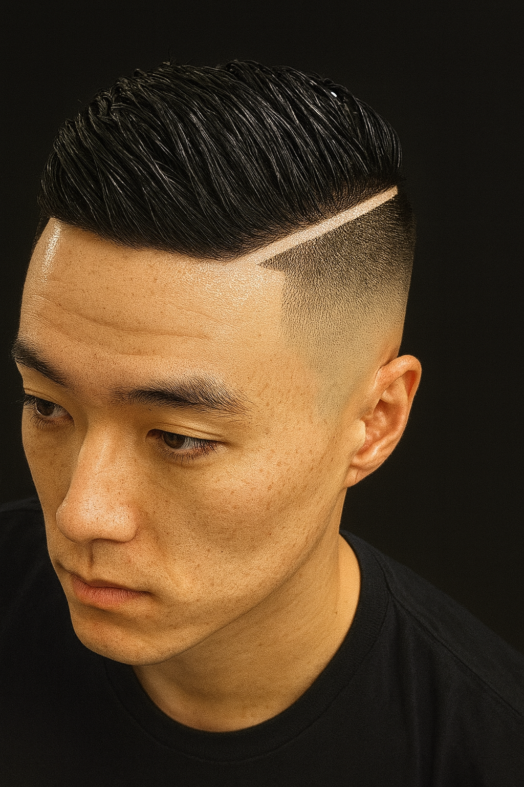 Asian slick back fade with design line — Finest Vision